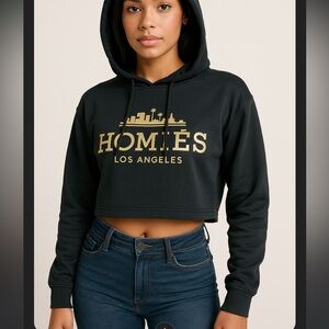 Women’s Homie Black with gold trim hoodie hooded sweatshirt crop stretchy